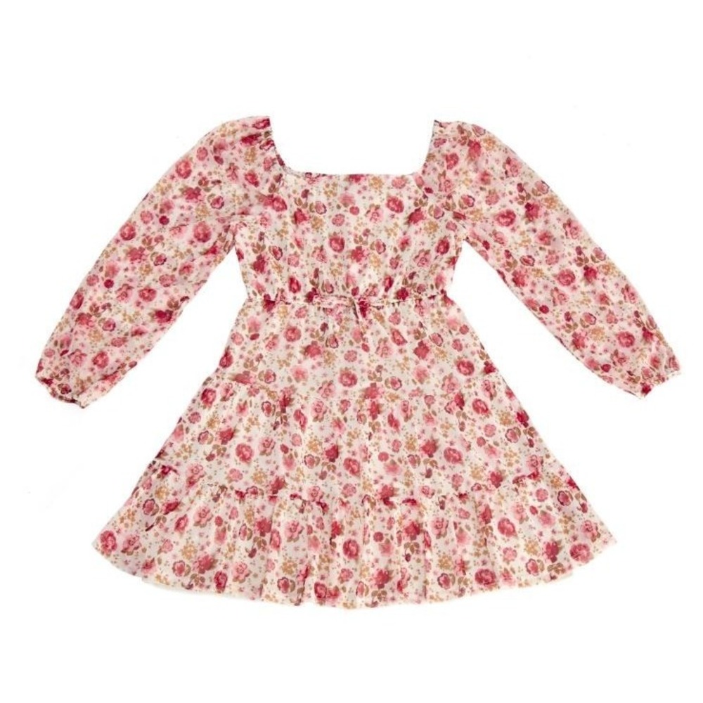 Three Pink Hearts Girls Square Neck Long Sleeve Tiered Dress Ivory Floral Small